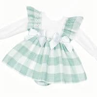 *SALE* Baby Girl Green Checked Puff Dress with Pants 