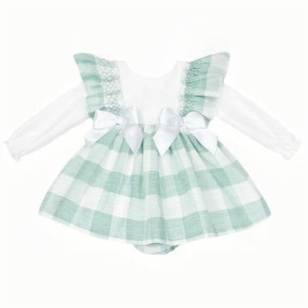 *SALE* Baby Girl Green Checked Puff Dress with Pants 