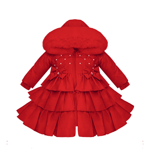 *SALE* Baby Girl Long Red Puff Coat with Fur Hood "MYD405 Red"