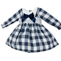 *SALE* Baby Girl Navy Checked Smocked Puff Dress with Pants 