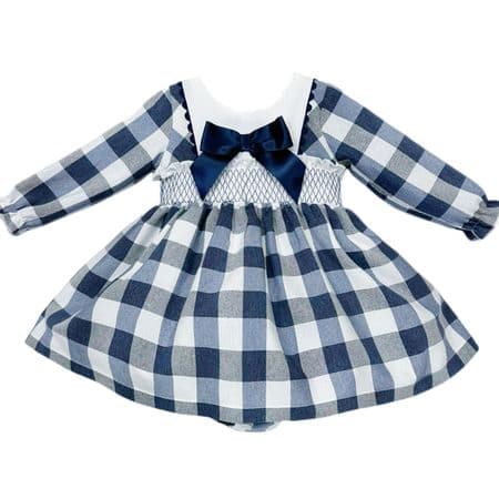 *SALE* Baby Girl Navy Checked Smocked Puff Dress with Pants 