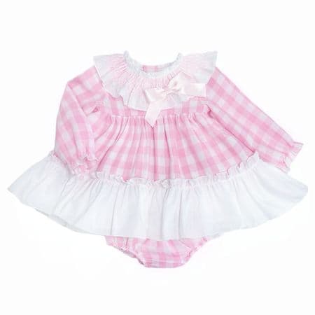 *SALE* Baby Girl Pink Checked Smock Collar Dress with Pants 