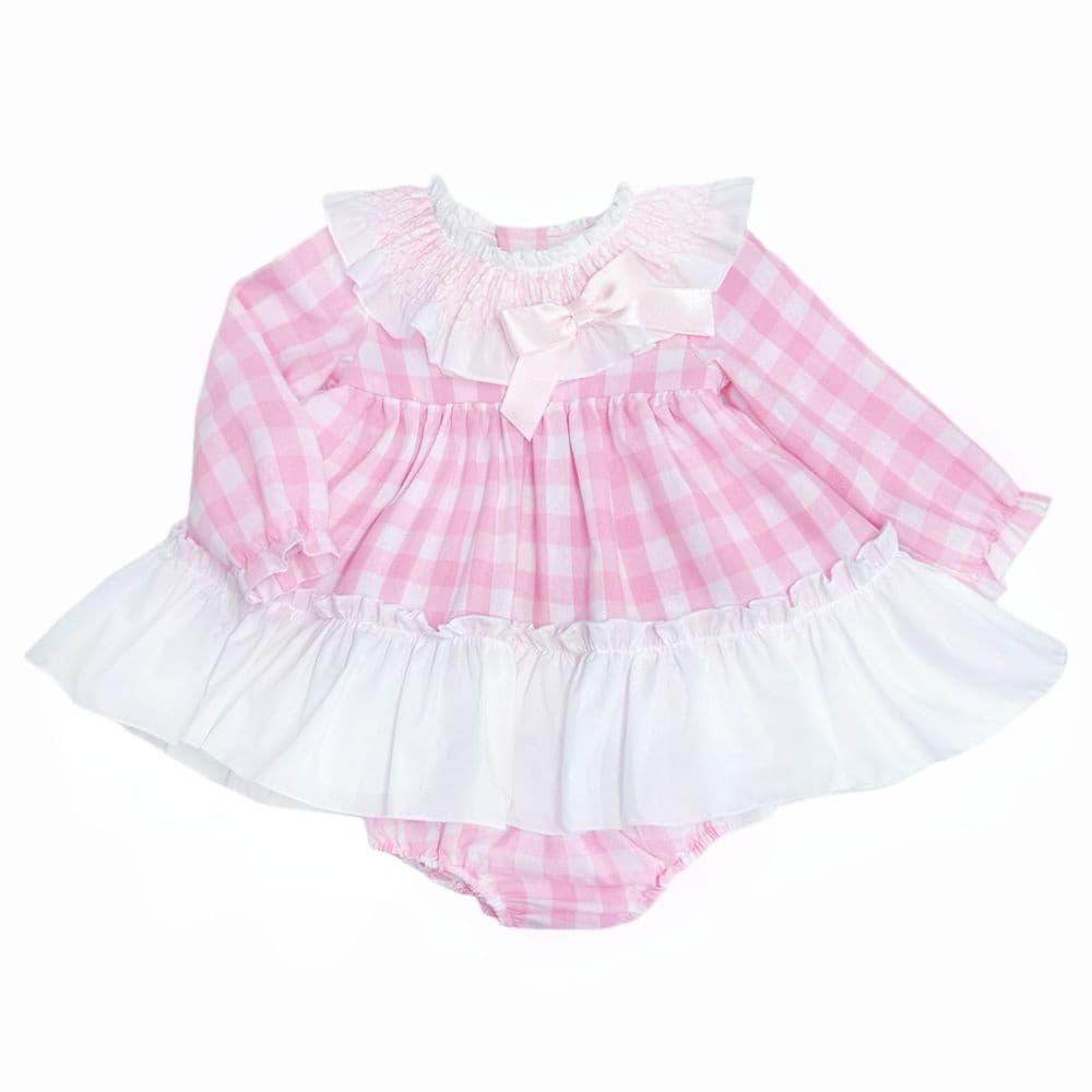*SALE* Baby Girl Pink Checked Smock Collar Dress with Pants "MYDB2465P"