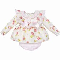 *SALE* Baby Girl Pink/Cream Floral Frilly Neck Dress with Pants 