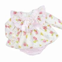 *SALE* Baby Girl Pink/Cream Floral Frilly Neck Dress with Pants 