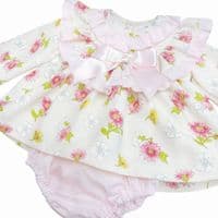 *SALE* Baby Girl Pink/Cream Floral Frilly Neck Dress with Pants 