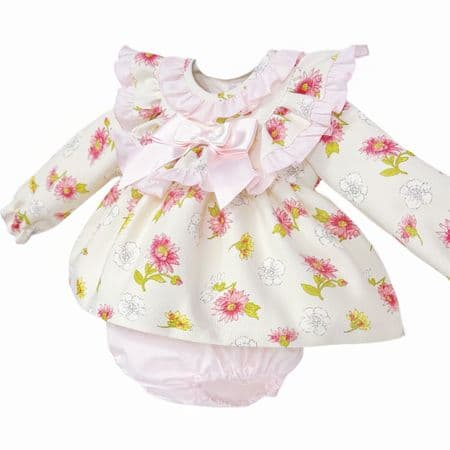 *SALE* Baby Girl Pink/Cream Floral Frilly Neck Dress with Pants 