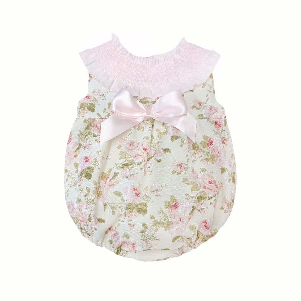 Girls Spring Floral Nap Smocking Romper Bubble Pink