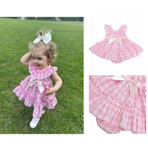 *SALE* Baby Girl Pink Smocked Checked Puff Dress with Pants "MYD2431"