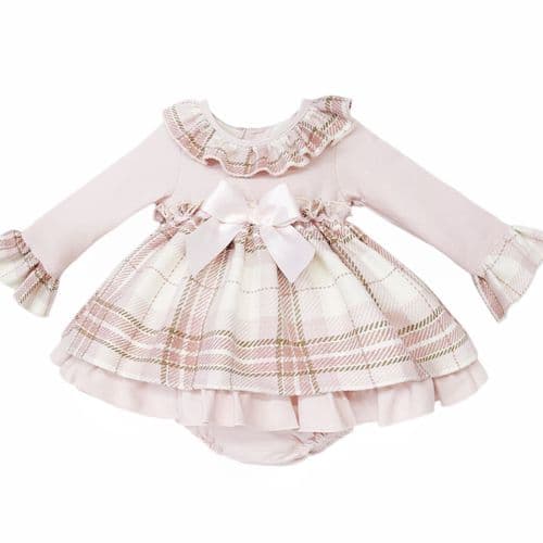 *SALE* Baby Girl Pink Tartan Woven Puff Dress with Pants "MYD25236"