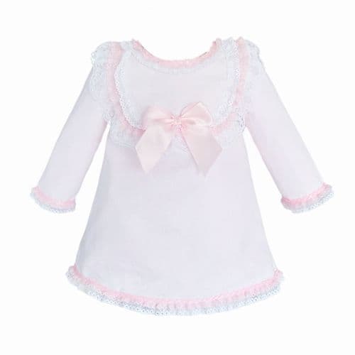 "SALE" Baby Girl Pink Waffle Dress with Satin Bow Lace Details "2530"
