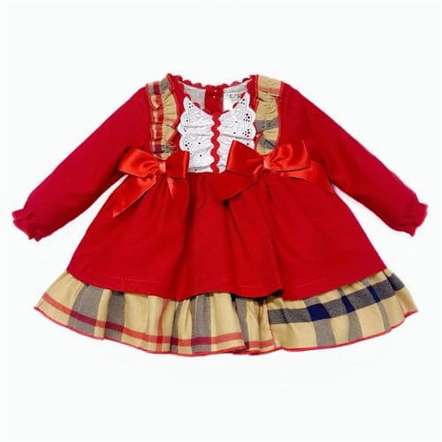 *SALE* Baby Girl Red & Camel Tartan Puff Ball Dress With Pants "MYDF001"