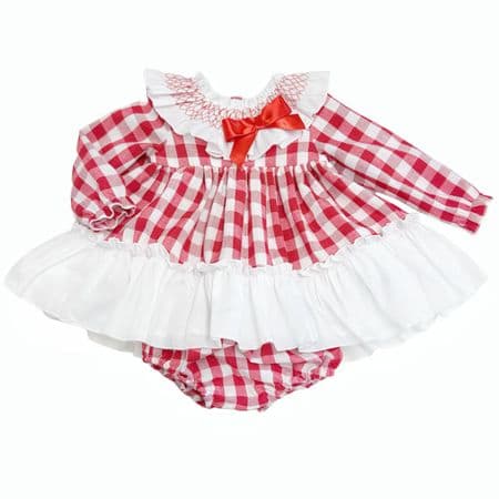 *SALE* Baby Girl Red Checked Smock Collar Dress with Pants 