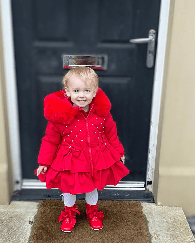 SALE Baby Girl Red Puff Ball Fur Hood Coat with Frilly Bottom