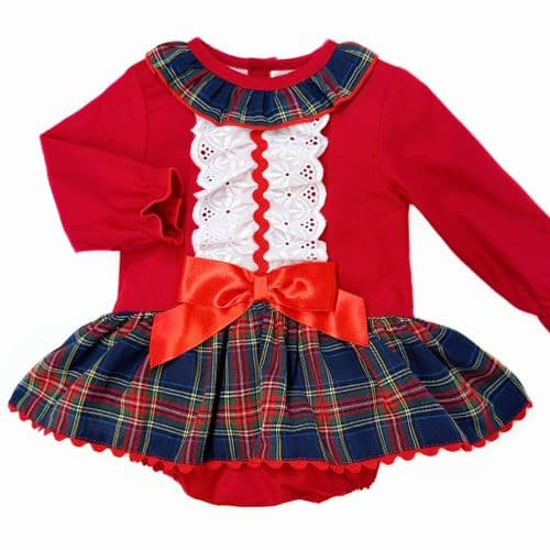 *SALE* Baby Girl Red with Navy Tartan Skirt Dress ALl In One "MYDL002"