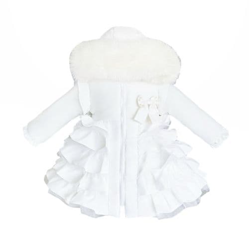 *SALE* Baby Girl White Frilly Bottoms Puff Coat with Faux Fur Hood "MYD416 White"