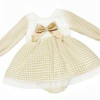 *SALE* Camel Gingham Smocked Puff Dress with Pants 
