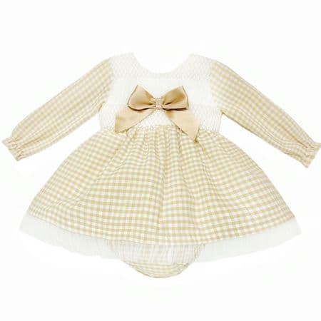 *SALE* Camel Gingham Smocked Puff Dress with Pants 