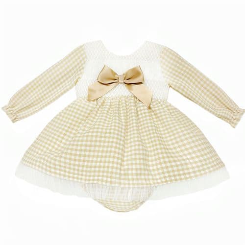 *SALE* Camel Gingham Smocked Puff Dress with Pants "MYDB2471C"