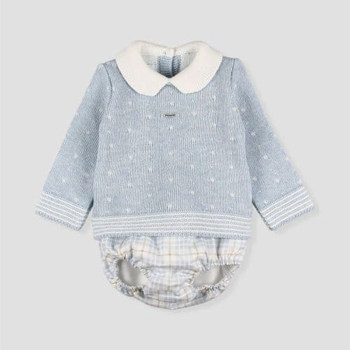 *SALE* FOQUE Baby Boys Misty Blue Knitted Top & Checked Bloomers Set "2424205"