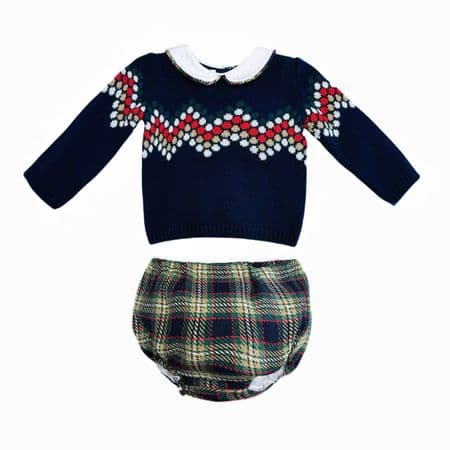 *SALE* FOQUE Baby Boys Navy Knitted Top with Tartan Jam Pants  