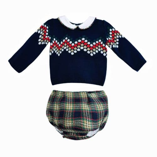 *SALE* FOQUE Baby Boys Navy Knitted Top with Tartan Jam Pants "2324122"
