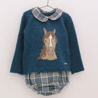 *SALE* FOQUE Baby Boys Petrol Blue Knitted Horse Top with Tartan Jam Pants  