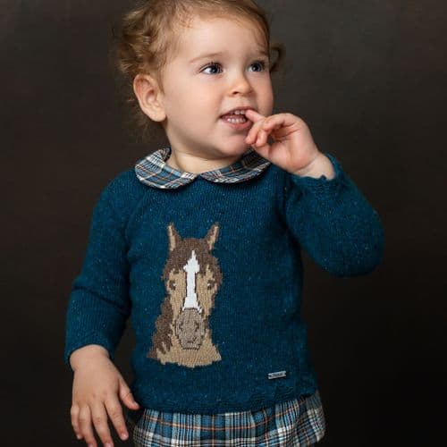 *SALE* FOQUE Baby Boys Petrol Blue Knitted Horse Top with Tartan Jam Pants "2324128"