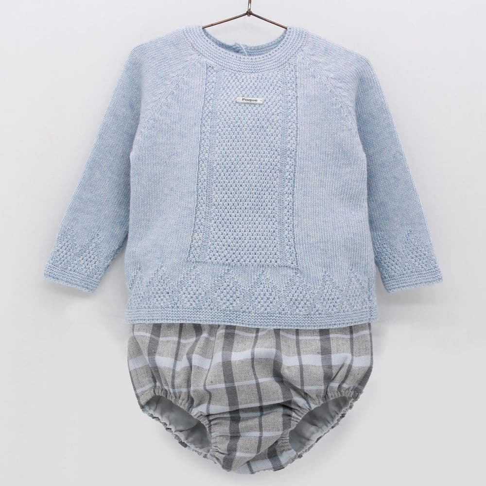 SALE FOQUE Baby Boys Sky Blue Kintted Top with Checked Pants 