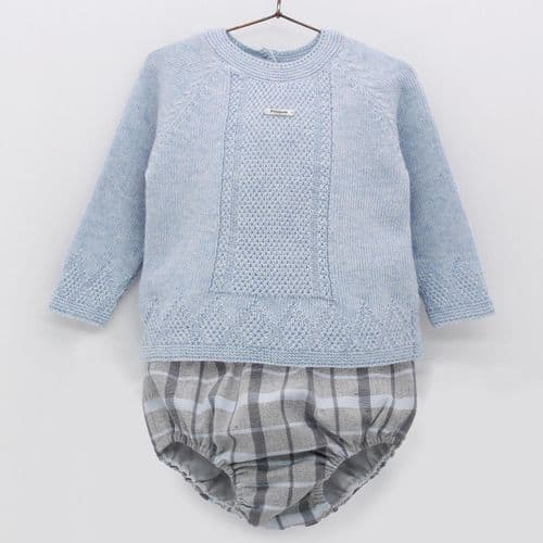 *SALE* FOQUE Baby Boys Sky Blue Kintted Top with Checked Pants "2324112"