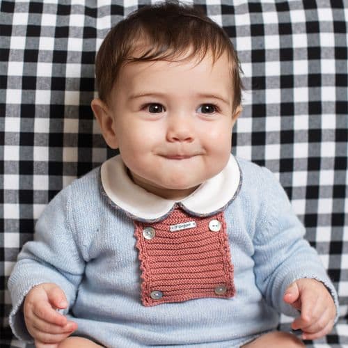 *SALE* FOQUE Baby Boys Sky Blue Knitted Red Panel Top & Checked Bloomers Set "2424211"