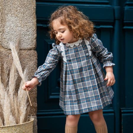 *SALE* FOQUE Baby Girls  Blue and Grey Cotton Tartan Dress 
