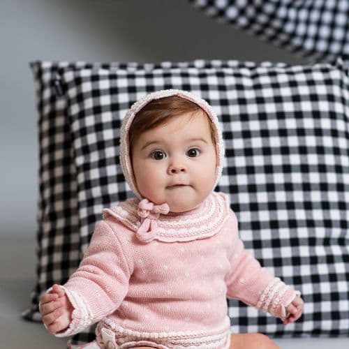 *SALE* FOQUE Baby Girls Light Pink Knitted Top, Bloomers & Bonnet Set "2424203"