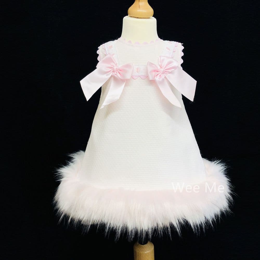 "SALE" Gorgeous Baby Girl Pink Fur Bottom Dress with Pink Bow "8612 Pink"