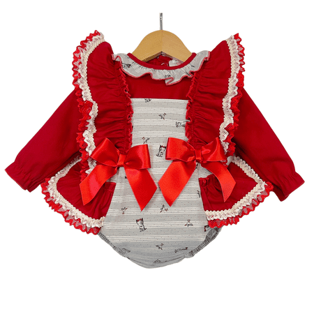 *SALE* Red & Grey Stripy Animal Print Frilly Shoulder Romper with Shirt 