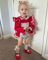 *SALE* Red & Grey Stripy Animal Print Frilly Shoulder Romper with Shirt 