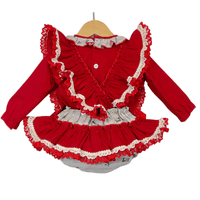 *SALE* Red & Grey Stripy Animal Print Frilly Shoulder Romper with Shirt 