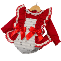 *SALE* Red & Grey Stripy Animal Print Frilly Shoulder Romper with Shirt 