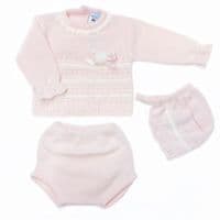 *SALE* SARDON Baby Girl Pink Knitted Pom Romper Set with Bonnet