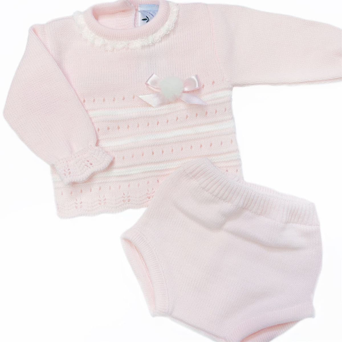 *SALE* SARDON Baby Girl Pink Knitted Pom Romper Set with Bonnet Months
