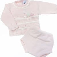 *SALE* SARDON Baby Girl Pink Knitted Pom Romper Set with Bonnet