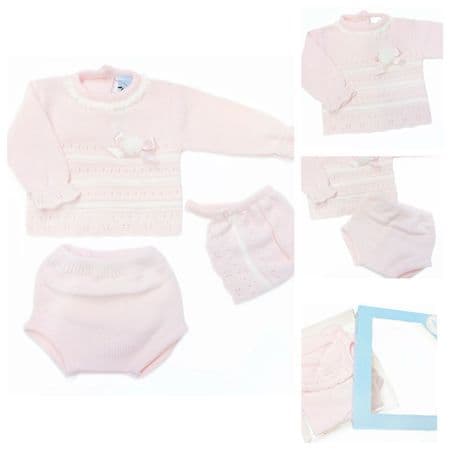*SALE* SARDON Baby Girl Pink Knitted Pom Romper Set with Bonnet