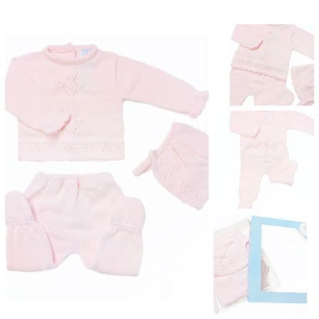 *SALE* SARDON Baby Girl Pink Knitted Pram Suit with Bonnet