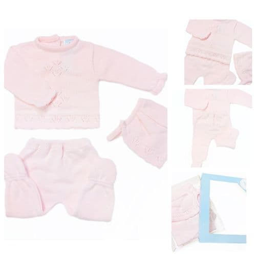 *SALE* SARDON Baby Girl Pink Knitted Pram Suit with Bonnet