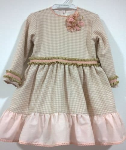 *SALE* Stunning Infant Girl Spanish Pink Beige Checked Long Sleeve Dress