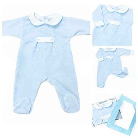 023HA-721 SARDON Baby Boy Blue Cotton Velour Button Collar Bodysuit