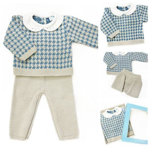 023MC-177 SARDON Baby Boy Beige Dogtooth Knit Pram Suit