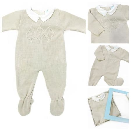 023MC-223 SARDON Baby Boy Beige Square Knit Pram Onesie