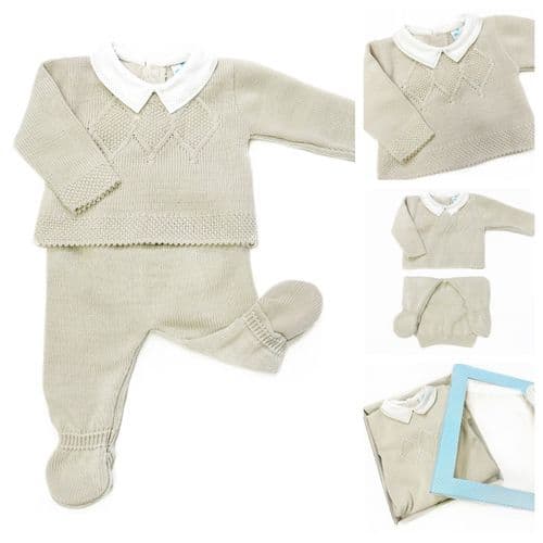 023MC-224 SARDON Baby Boy Beige Square Knit Pram Suit