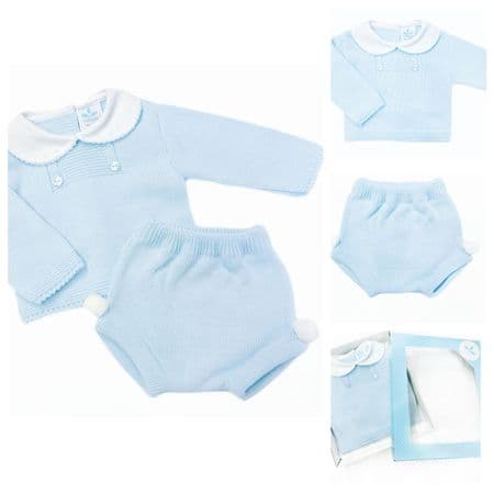 023RF-704 SARDON Baby Boy Blue Pom Knit Pram Suit with Pants